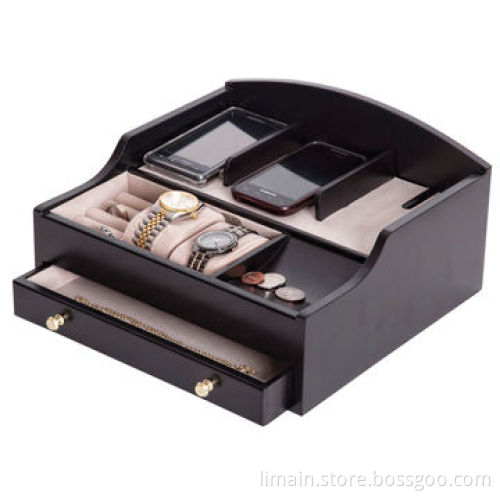 Wooden Jewelry Box with Hidden Storage for Power Cord, Gold Tone Drawer Pulls